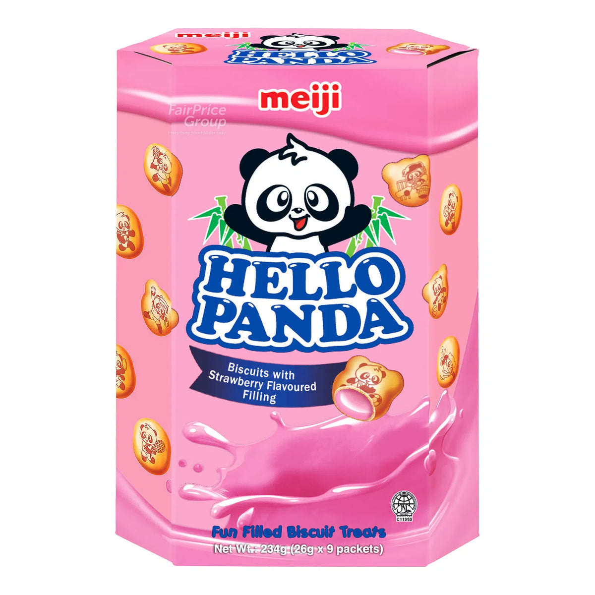 A pink Meiji Hello Panda biscuit treat box featuring a cartoon panda and the text 'HELLO PANDA' and 'Biscuits with Strawberry Flavoured Filling'.