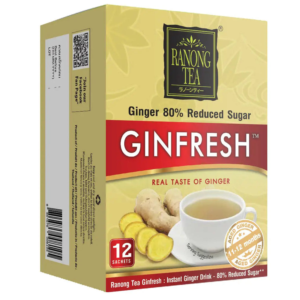 A box of Ranong Tea Ginfresh ginger tea, 12 sachets, featuring a pale yellow-green background with a prominent red banner and illustrations of fresh ginger and a cup of tea.