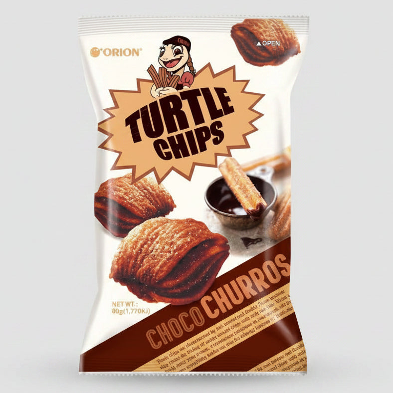 Packaging of Orion Turtle Chips Choco Churros on a white background