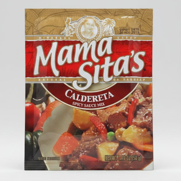 A single packet of Mama Sita's Caldereta Spicy Sauce Mix, featuring a red and gold wrapper with a photo of a cooked meat and vegetable dish on the front.