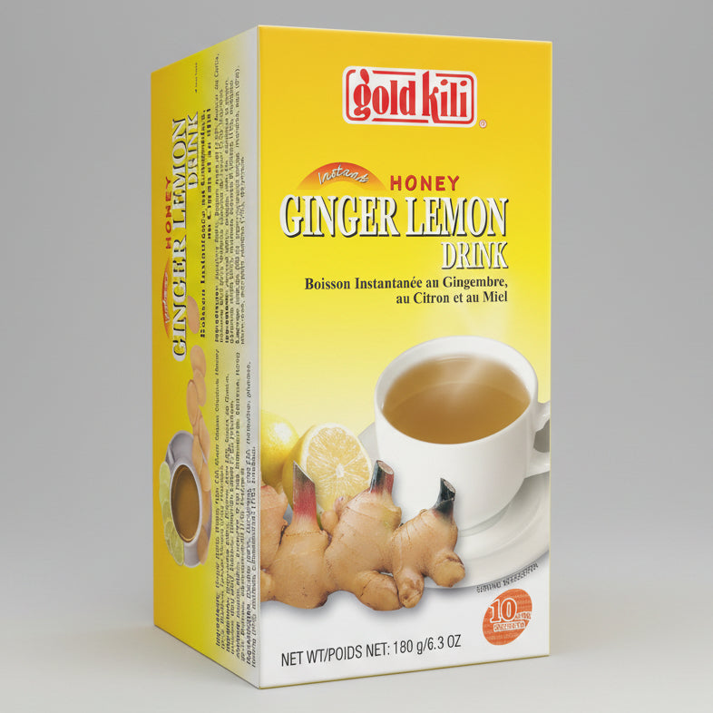 Gold Kili Honey Ginger Lemon Drink instant tea box packaging, featuring a bright yellow design with a cup of tea, ginger root, and lemon slices.
