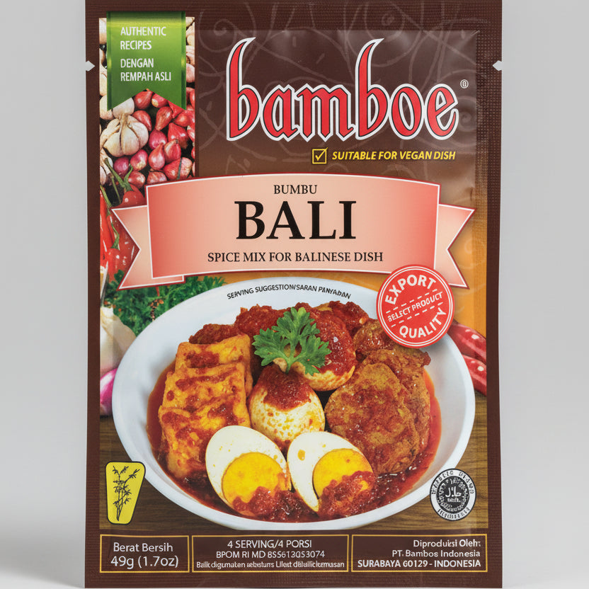 Bamboe Bali spice mix package with a dish image on a white background