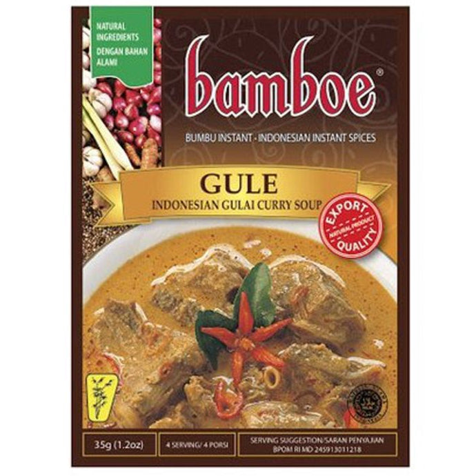 A package of Bamboe Gule Indonesian Instant Curry Soup spices, featuring a brown box with a photo of the prepared soup, red and green chili peppers, and a green natural ingredients badge.