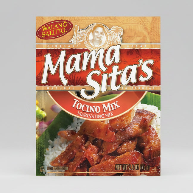 Mama Sita's Tocino Mix packaging with a close-up of tocino on rice.