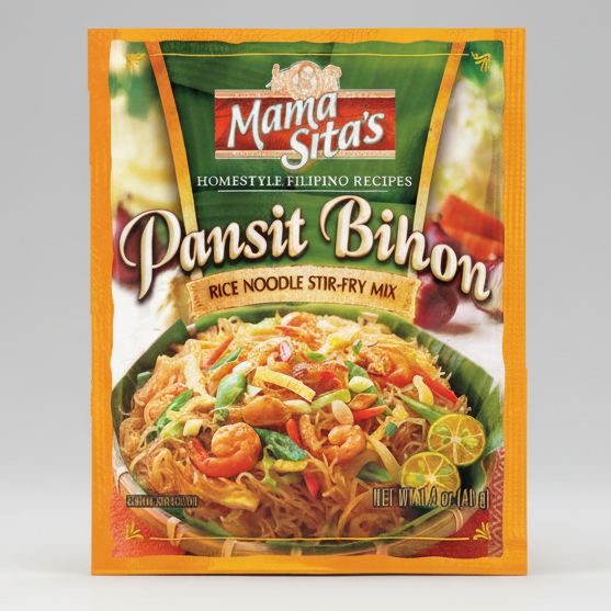 Packaging of Mama Sita's Pansit Bihon rice noodle stir-fry mix with a colorful background.
