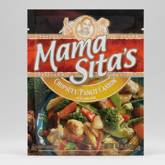 Mama Sita's Chopsuey/Pancit Canton Stir Fry Mix packaging with a close-up of the dish on a red background.