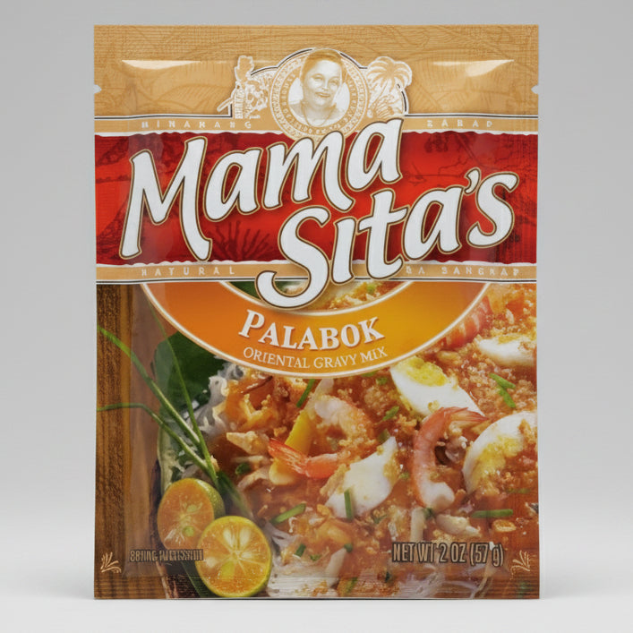 A 2 oz package of Mama Sita's Palabok Oriental Gravy Mix, featuring the brand logo and a colorful food photograph of the prepared dish with shrimp and eggs.