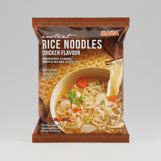 A package of MAMA Instant Rice Noodles, Chicken Flavour, featuring a bowl of prepared noodle soup with chicken and vegetables on the front, set against a brown background.