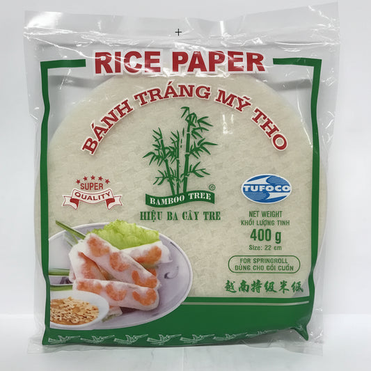 A 400g package of Vietnamese rice paper (Banh Trang My Tho) by Bamboo Tree, featuring a clear plastic bag with a green and white label showing a serving suggestion of spring roll wrappers filled with shrimp.