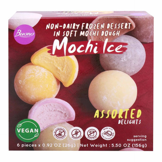Buono Mochi Ice Assorted Delights box packaging, showing colorful mochi ice spheres and slices on a dark red background with product text and icons.
