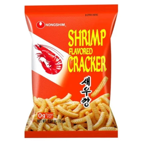 A bag of Nongshim Shrimp Flavored Cracker, featuring a bright red packaging design with a white diagonal panel, a red shrimp illustration, and a photo of the golden-brown twisted crackers at the bottom.