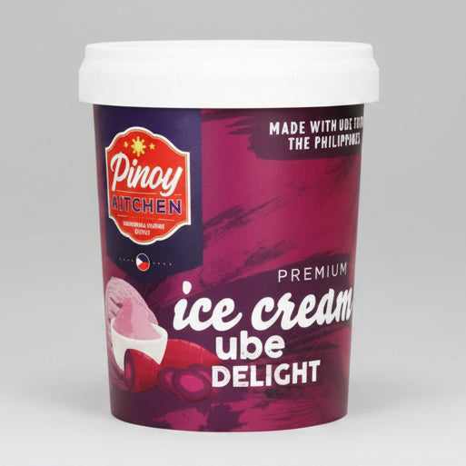 A tub of Pinoy Kitchen Premium ube Delight ice cream with a white lid and a dark purple label featuring the brand logo and product name.