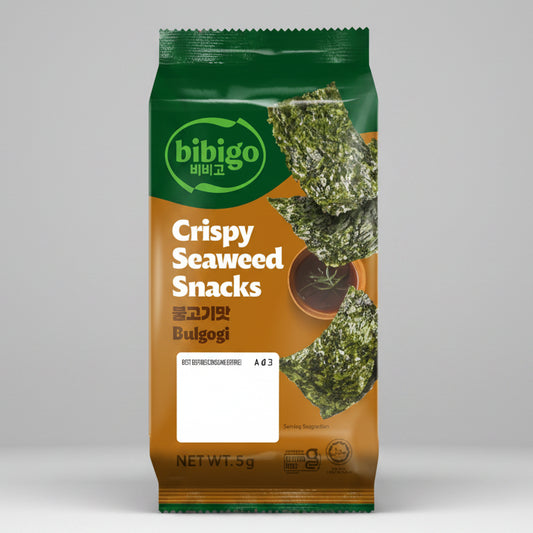 A 5g package of bibigo Crispy Seaweed Snacks (Bulgogi flavor) on a plain white background.