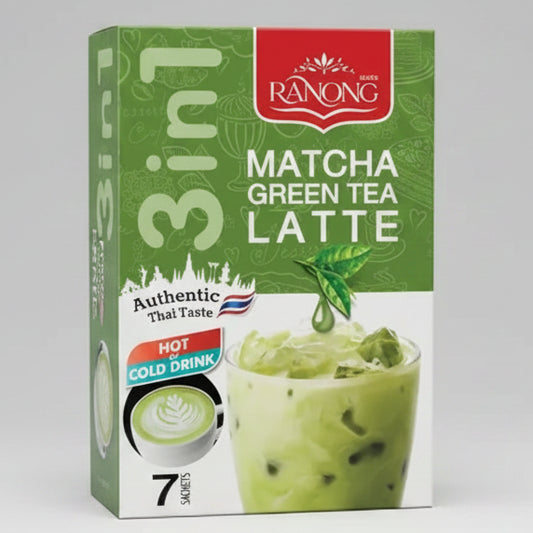 Ranong Matcha Green Tea Latte packaging with a green and white design.