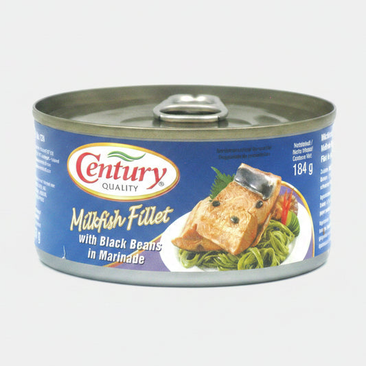 A can of Century Quality Milt Fish Fillet with Black Beans in Marinade, featuring a blue label with a photo of cooked fish on pasta.