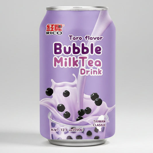 A 12.3 oz can of Rico Bubble Milk Tea Drink, Taro flavor, featuring a light purple label with illustrations of milk tea and black boba pearls.