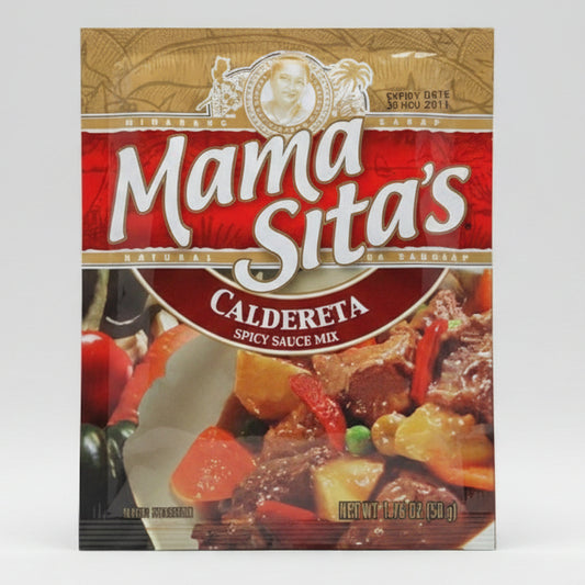 A single packet of Mama Sita's Caldereta Spicy Sauce Mix, featuring a red and gold wrapper with a photo of a cooked meat and vegetable dish on the front.