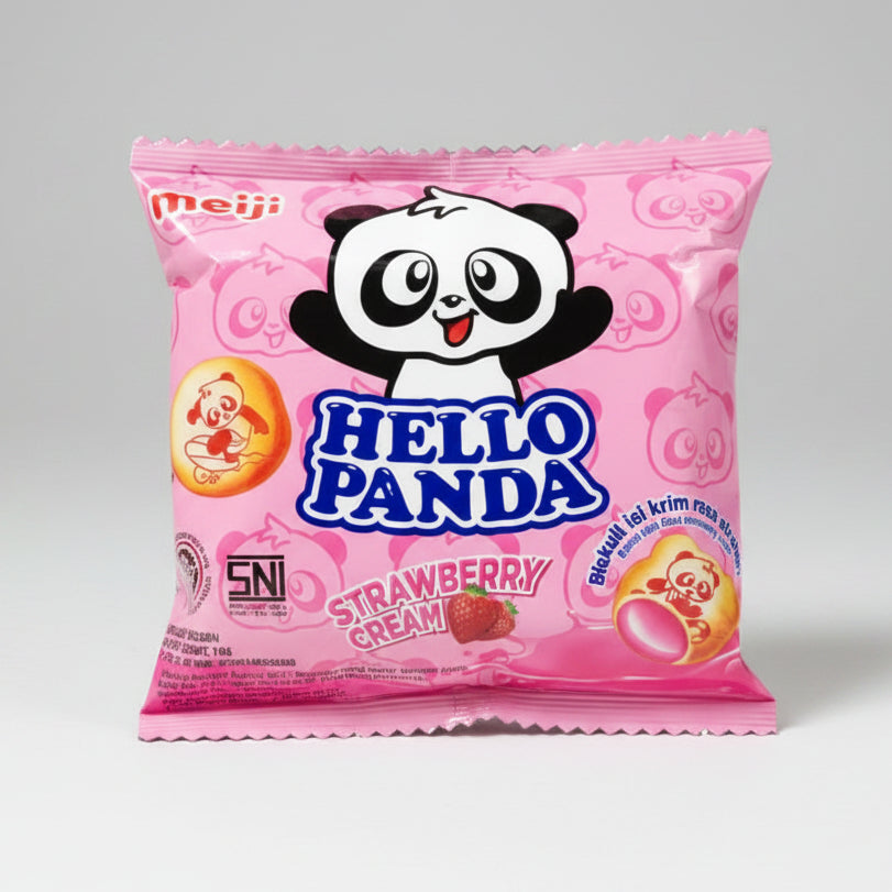 A pink Meiji Hello Panda Strawberry Cream candy bag with a cartoon panda graphic, photographed on a white background with the text 'Asj-Snack' below.