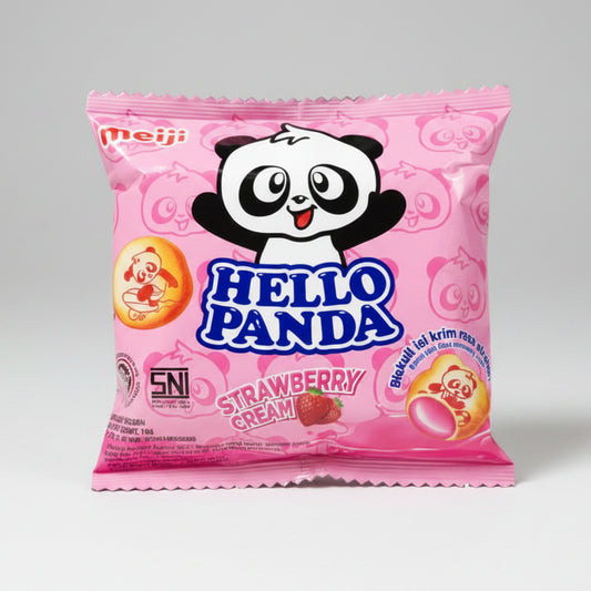 A pink Meiji Hello Panda Strawberry Cream candy bag with a cartoon panda graphic, photographed on a white background with the text 'Asj-Snack' below.