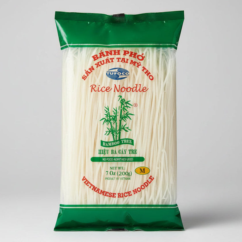 Bag of Tufoco rice noodles with green and red branding on a white background