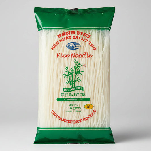 Bag of Tufoco rice noodles with green and red branding on a white background