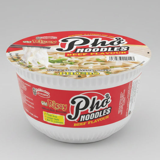 A cup of Old Ricey Pho Noodles Beef Flavour instant noodles on a white background. The packaging features a red lid with the brand logo and a photo of prepared noodles, and a red label on the cup.