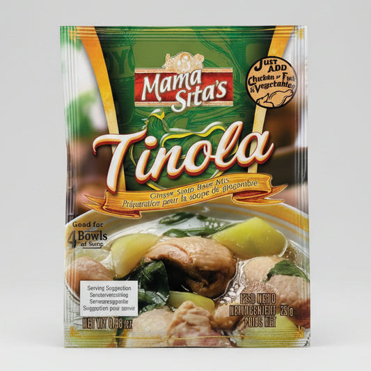 A package of Mama Sita's Tinola Ginger Sour Base Mix, featuring a green and gold design with a bowl of prepared soup and chicken at the bottom. The package is labeled for 4 bowls of soup and has a serving suggestion of 180g.