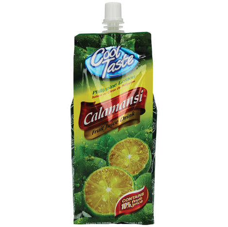 A 16 oz squeeze pouch of Cool Taste Calamansi fruit juice drink, featuring green and yellow packaging with illustrations of calamansi fruit slices, on a white background.