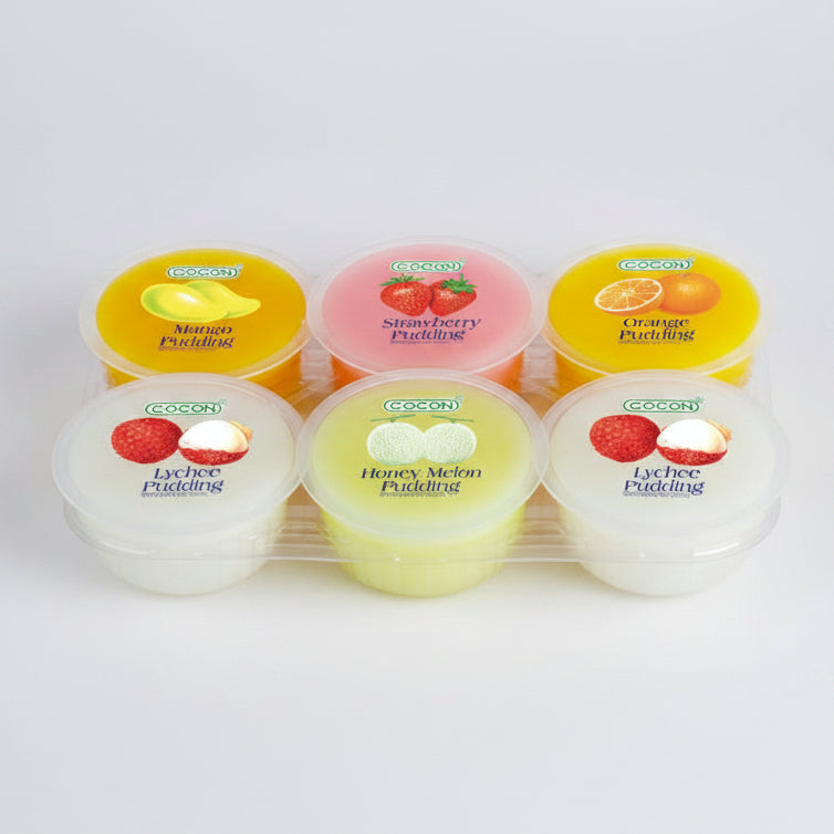 Assorted pudding cups with flavors labeled on a white background