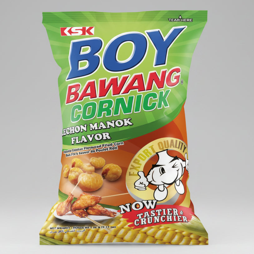 Packaged snack with 'Boy Bawang Cornick' branding on a white background