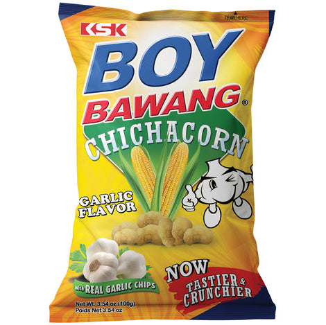 Boy Bawang Chichacorn garlic flavor snack packet on a white background