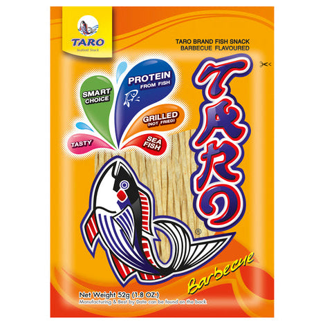 Taro brand fish snack package with branding and product details on a white background
