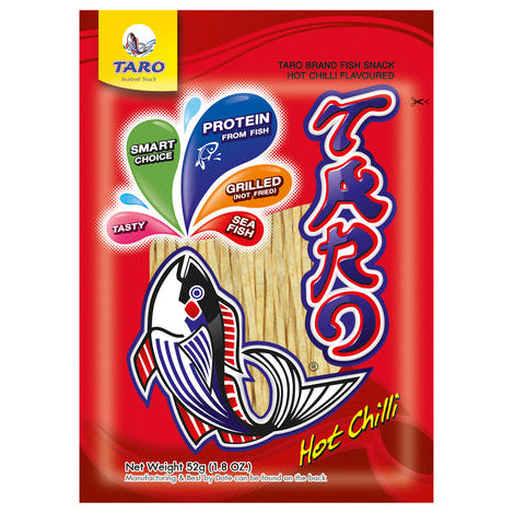 Taro brand fish snack packaging with red background and fish design