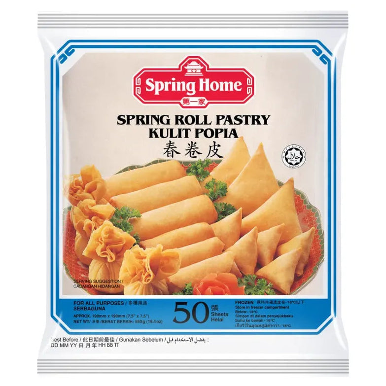 A package of Spring Home Spring Roll Pastry Kulit Popia, containing 50 pieces, shown on a plain white background.