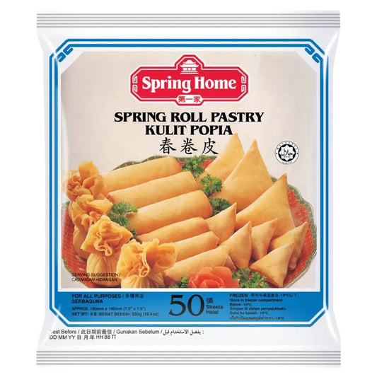A package of Spring Home Spring Roll Pastry Kulit Popia, containing 50 pieces, shown on a plain white background.