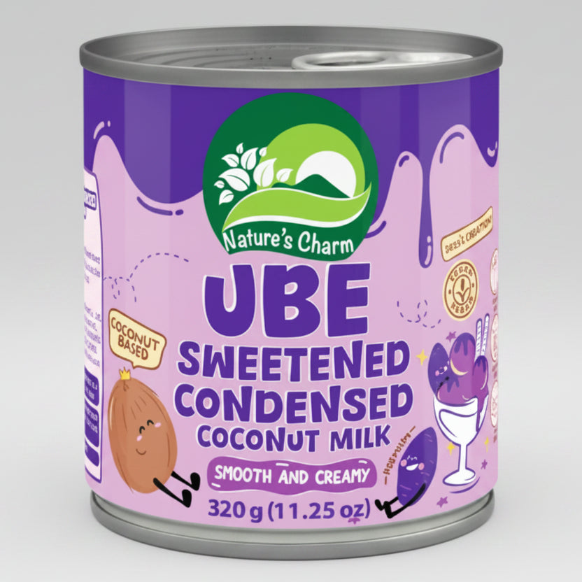 A 320g can of Nature's Charm Ube Sweetened Condensed Coconut Milk, featuring a purple and pink label with illustrations of a coconut and a dessert glass.