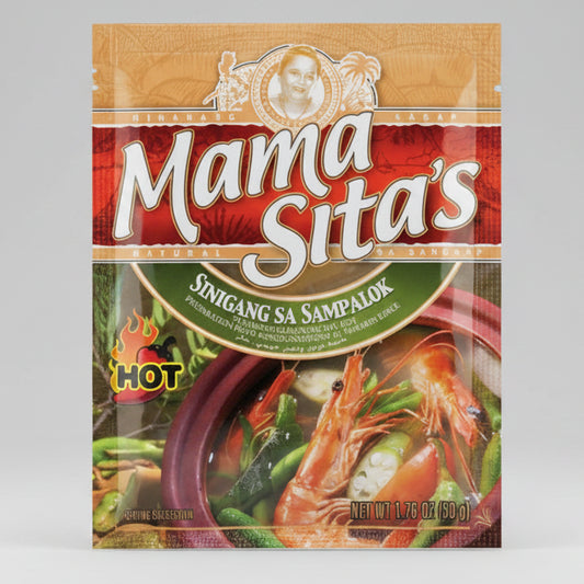 A package of Mama Sita's Sinigang sa Sampalok hot sauce, featuring a red and gold label with a photo of a smiling woman, a bowl of cooked shrimp and vegetables, and a yellow 'HOT' flame icon.