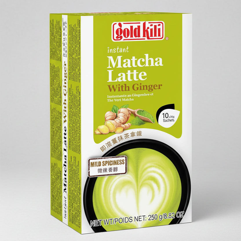 Gold Kili Instant Matcha Latte With Ginger box packaging, featuring a bright green and white design with an illustration of ginger and a cup of matcha latte with heart-shaped foam.