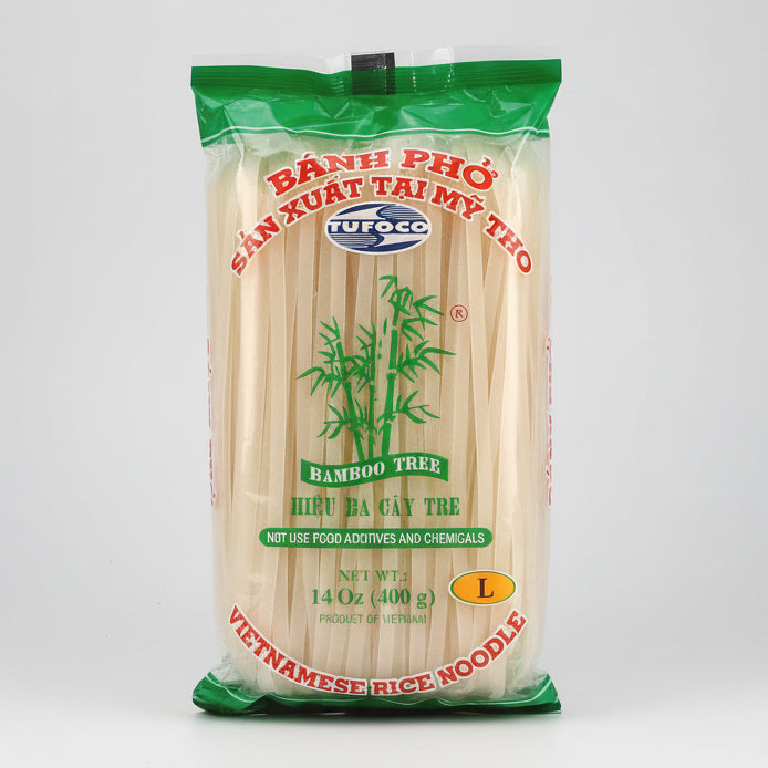 A 14 oz bag of Tufoco Vietnamese Rice Noodles (Bánh Phù) featuring light beige noodles visible through a clear plastic bag with green and red branding.