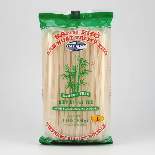 A 14 oz bag of Tufoco Vietnamese Rice Noodles (Bánh Phù) featuring light beige noodles visible through a clear plastic bag with green and red branding.