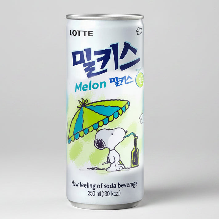 A 250 ml can of Lotte Melon Milk Soda featuring a white label with blue Korean text, 'Melon' in English, and an illustration of Snoopy under a green and blue umbrella.