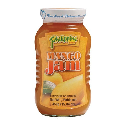 A glass jar of Philippine Brand Mango Jam on a plain white background.