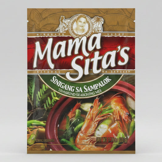 A package of Mama Sita's Sinigang sa Sampalok tamarind seasoning mix, featuring a brown and red design with a large white logo and an image of shrimp in a bowl.