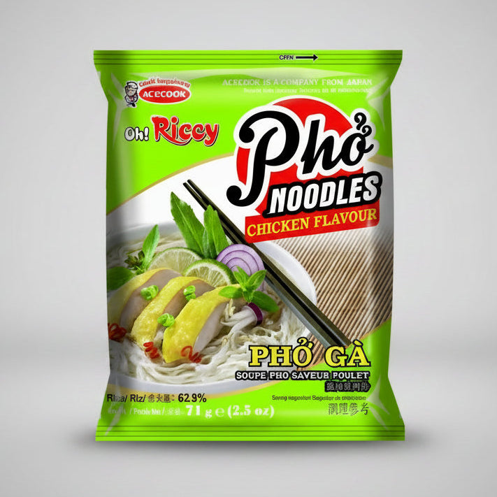 A package of Oei Ricey Phù Noodles Chicken Flavour, featuring a bright green bag with a photo of prepared noodles on the front, set against a neutral gray background.