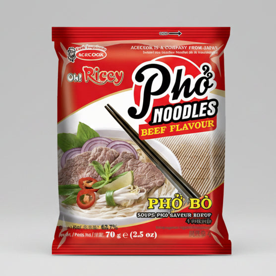 A 70g package of Acecook Oh Riccy Phò Noodles Beef Flavour (Phò Bò) soup noodles, featuring a red and white design with a bowl of prepared noodle soup and chopsticks on the front.