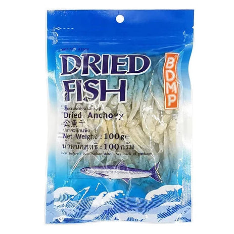 A 100g package of BDP Malls Dried Fish (Dried Anchovy) in a blue and white ocean-themed resealable pouch with a fish illustration.