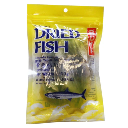 A 100g package of Thai dried yellow sea bass fish (Sardines Jepthong) in a bright yellow plastic bag with blue and red text, shown against a plain white background.