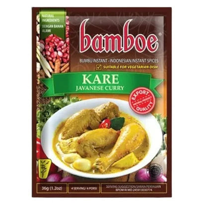 A package of Bamboe Kare Javanese Curry instant spices, featuring a brown box with a photo of the prepared curry dish, a green banner, and the Bamboe brand logo.