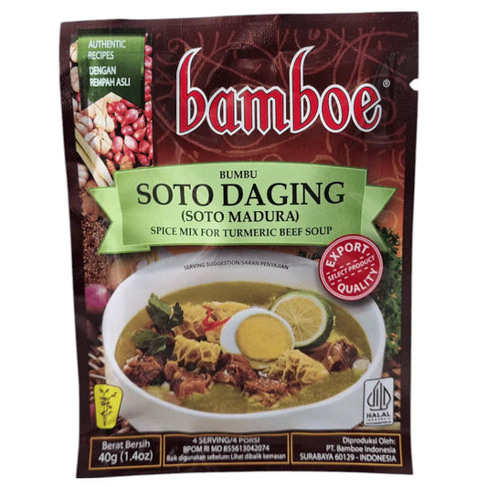 A 40g pouch of Bamboe Soto Daging (turmeric beef soup) spice mix, featuring a dark red and green design with a bowl of prepared soup on the front.
