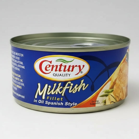 A can of Century Quality Milkfish Fillet in Oil Spanish Style canned fish on a plain white background.
